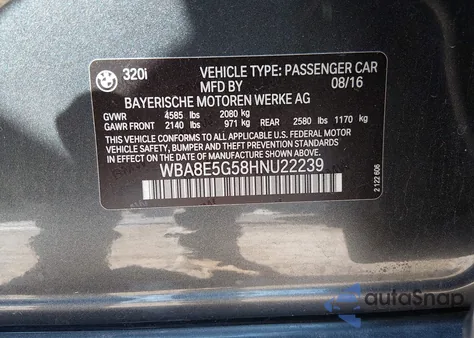 2017 BMW 320I xDrive z USA, uszkodzony, nr VIN WBA8E5G58HNU22239